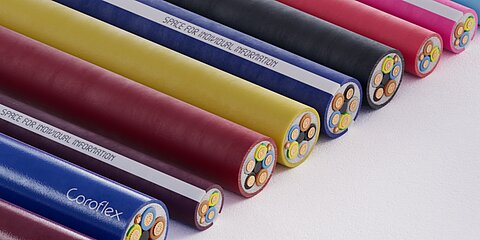 Inner structure of Coroflex charging cables with different cable cross-sections and with different numbers of pilot wires