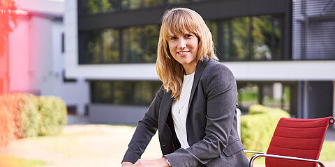 Claudia Wahl, strategic buyer WeWire, in front of the Coroplast Group's Headquarters in Wuppertal, Germany
