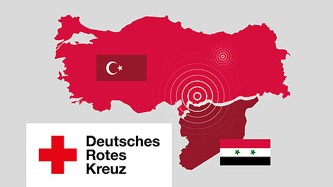 Karte von der Türkei und Syrien mit der Erdbebenregion in der das DRK Hilfe leistet